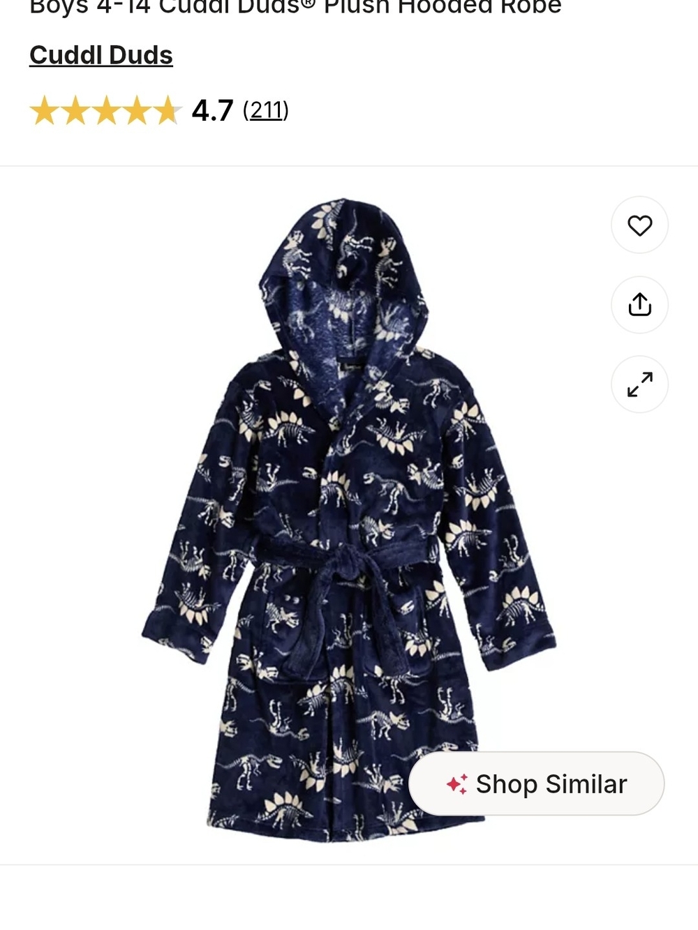 Cuddl Duds Navy Plush Hooded Robe with Dinosaur Print Size 12/14